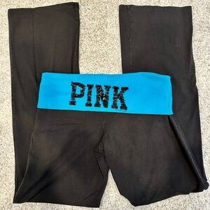VS PINK Bling Foldover Waist Flare Yoga Pants y2k blue with black sequins